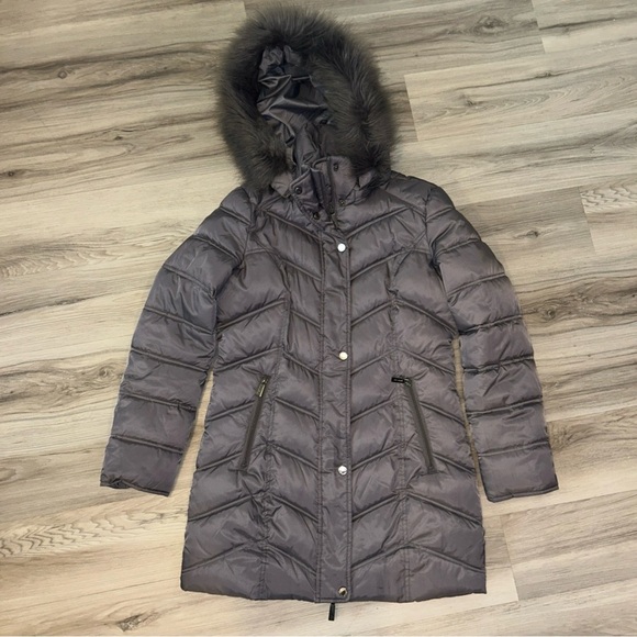 Kenneth Cole Women's Charcoal Puffer Coat with Faux Fur Hood - Picture 1 of 5